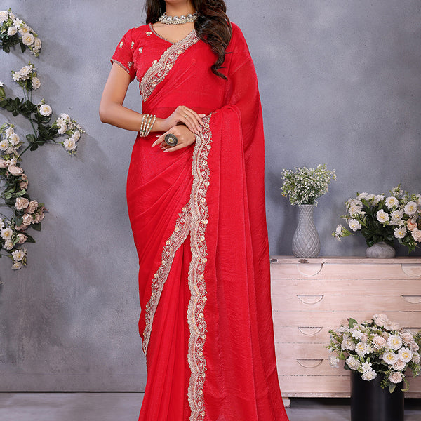 Vellora Red Fendi Chiffon Embroidery Resham Work Saree