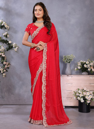 Vellora Red Fendi Chiffon Embroidery Resham Work Saree