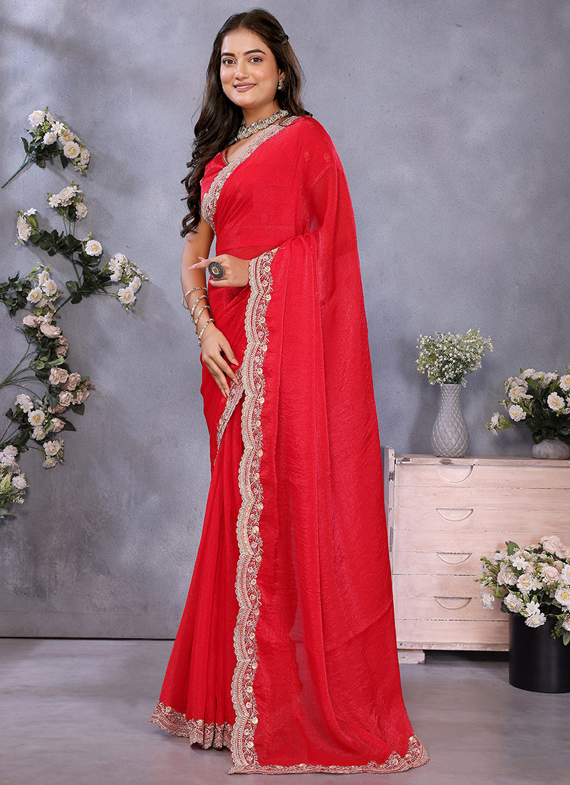 Vellora Red Fendi Chiffon Embroidery Resham Work Saree