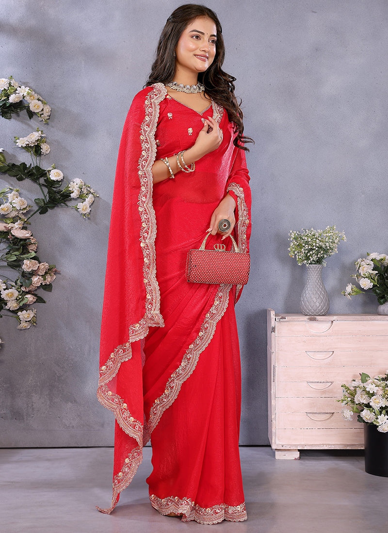 Vellora Red Fendi Chiffon Embroidery Resham Work Saree