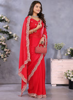 Thumbnail for Vellora Red Fendi Chiffon Embroidery Resham Work Saree