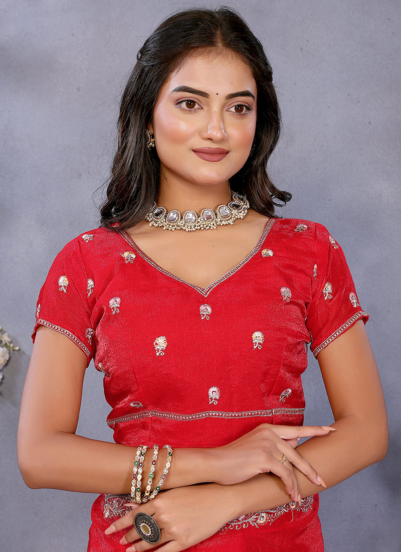 Vellora Red Fendi Chiffon Embroidery Resham Work Saree