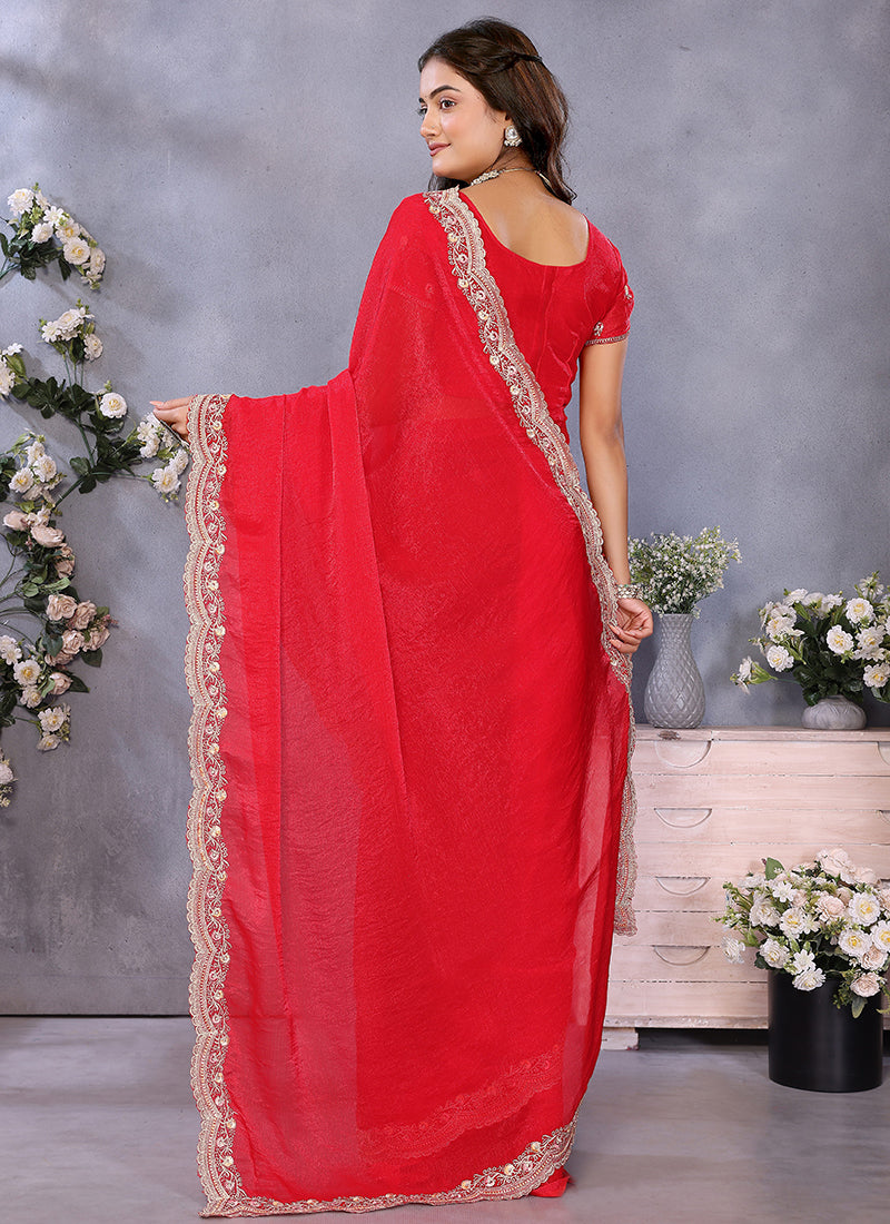 Vellora Red Fendi Chiffon Embroidery Resham Work Saree