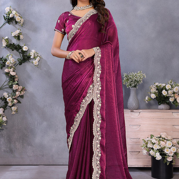 Vellora Wine Fendi Chiffon Embroidery Resham Work Saree