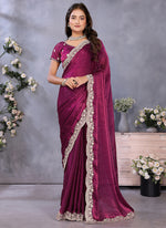Thumbnail for Vellora Wine Fendi Chiffon Embroidery Resham Work Saree