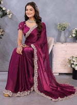 Thumbnail for Vellora Wine Fendi Chiffon Embroidery Resham Work Saree