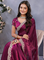 Thumbnail for Vellora Wine Fendi Chiffon Embroidery Resham Work Saree