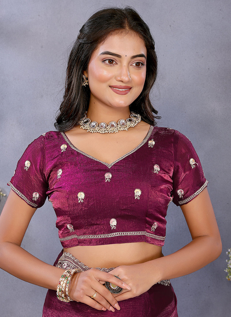 Vellora Wine Fendi Chiffon Embroidery Resham Work Saree