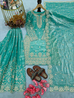 Thumbnail for Teeya Creation Turquoise Pure Silk Gimmy Silk Heavy Embroidery Work Wedding Wear Palazzo Pair - Distacart