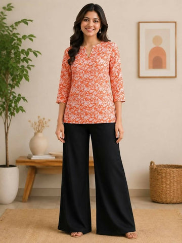 Teeya Creation Womens New Trendy Orange Floral Printed Short Kurti with Beige Palazzo Set - Dista