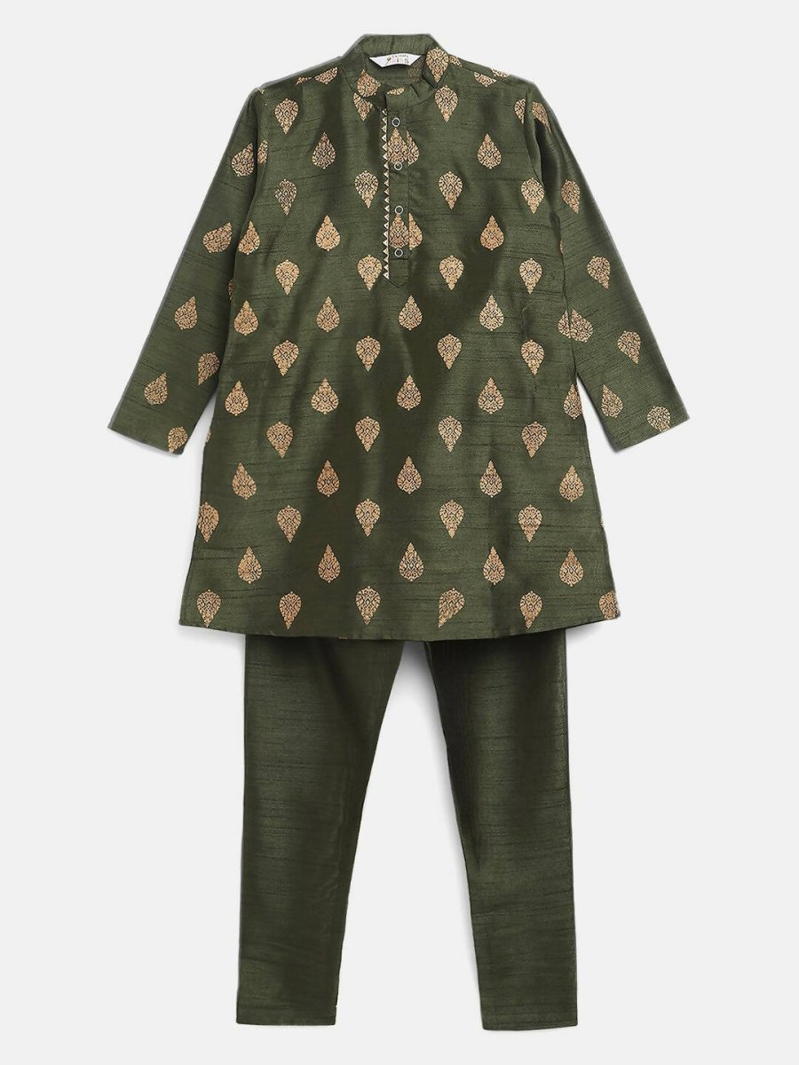 Ahalyaa Green Poly Silk Gold Print Kids Kurta Churidar Set For Boys - Distacart