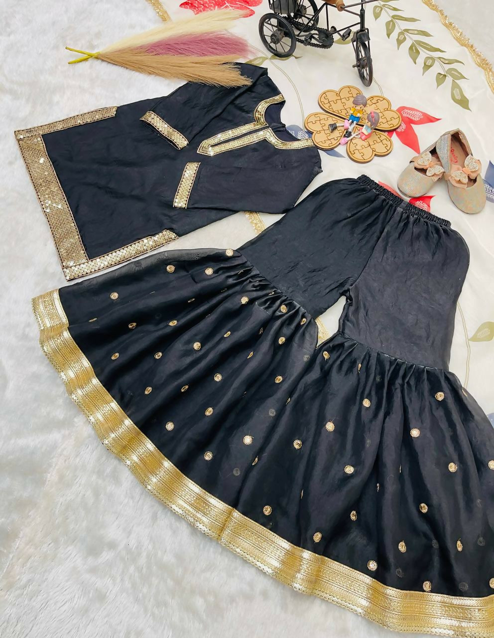 Teeya Creation New Kids Trendy Heavy Embroidery Sequence Work Kurta Sharara Set-Black - Dista