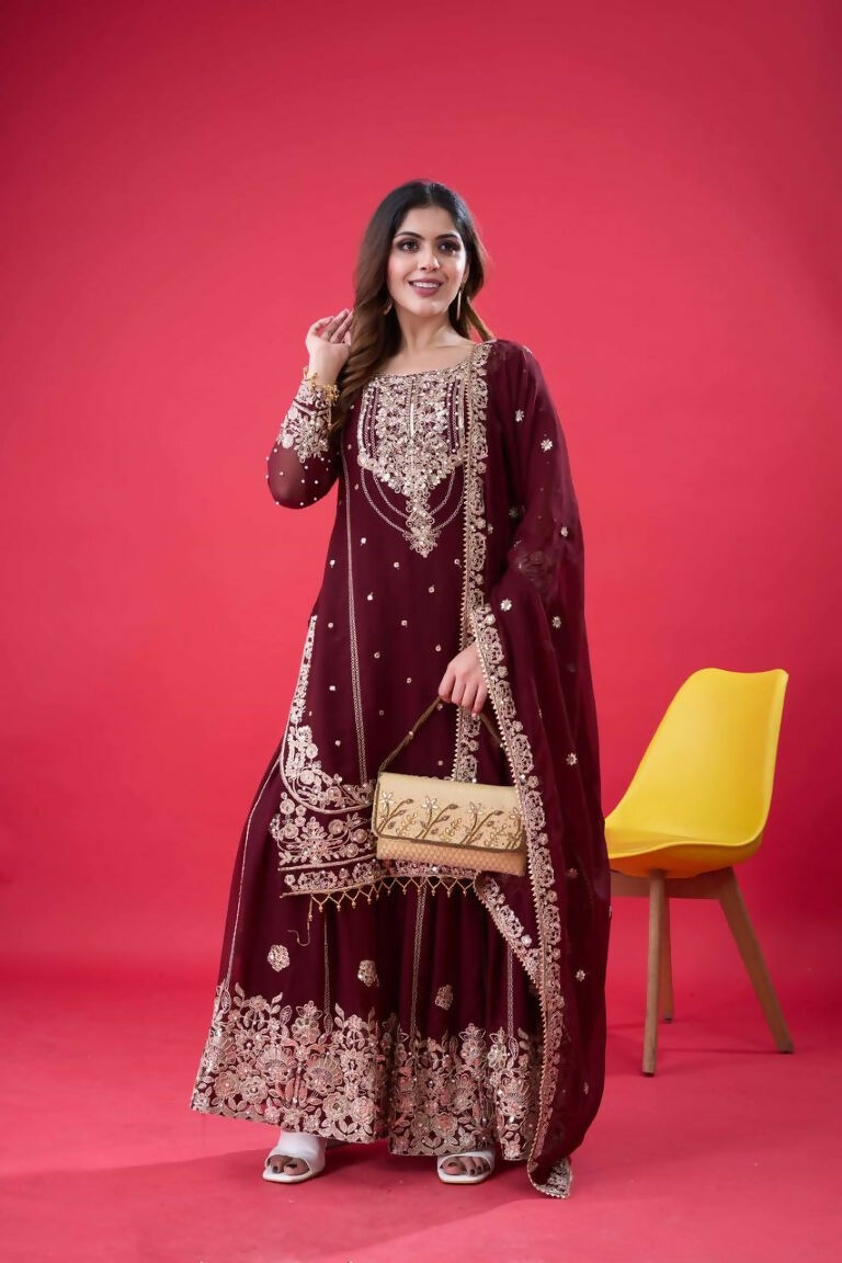 Teeya Creation Maroon Color Faux georgette Embroidery Work Sharara Set