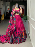 Thumbnail for Vastranavya Fancy Floral Print With Foil Work Polyester Viscose Chanderi Lehenga Choli - Rani Pink - Distacart