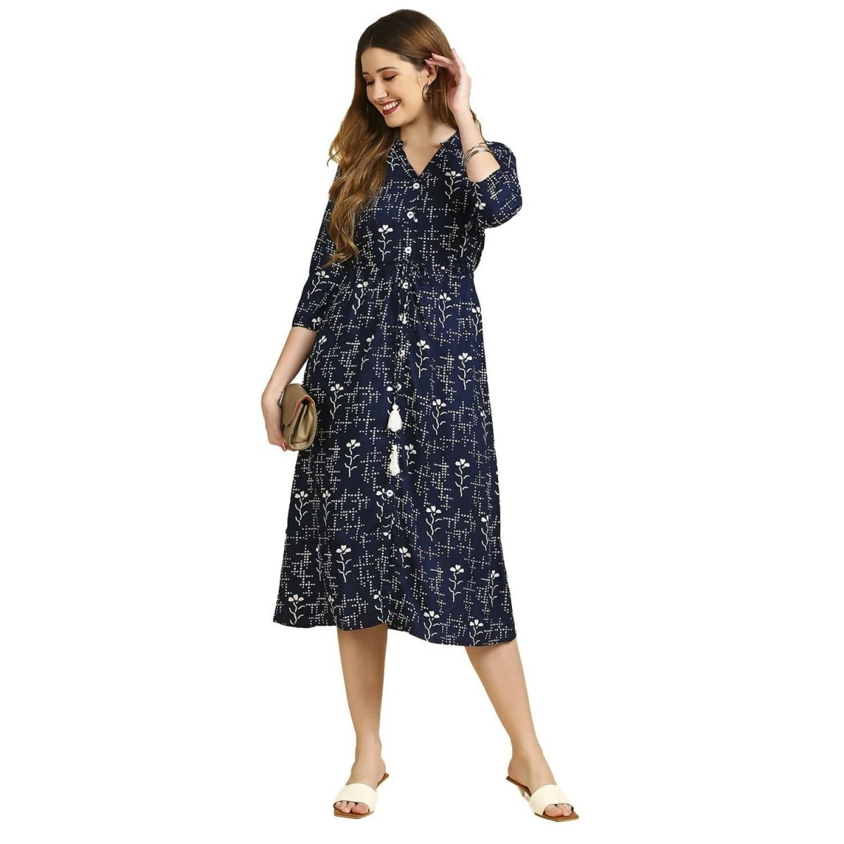 Anubhutee Women's Rayon Navy A-Line Midi Casual Dress - Distacart