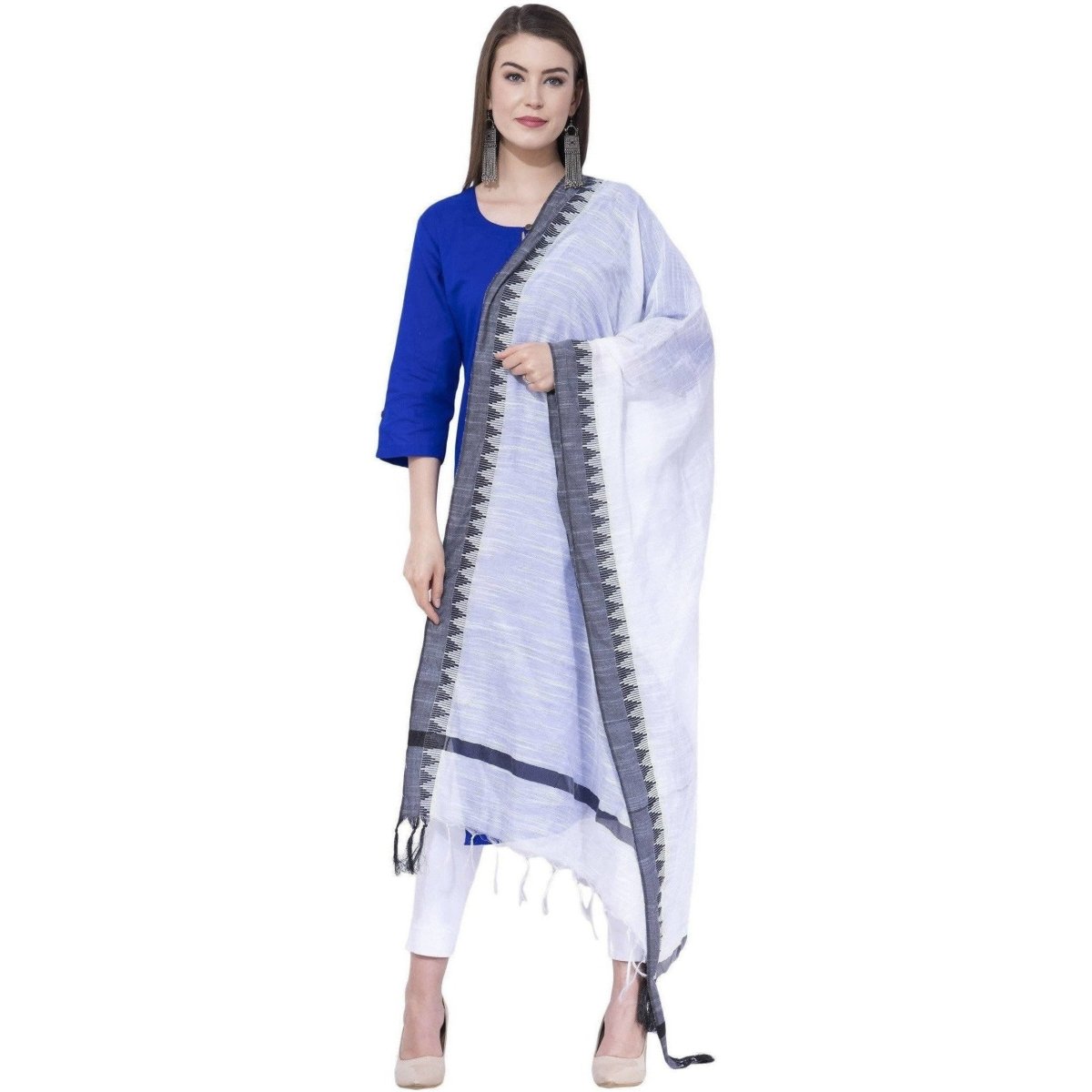 A R SILK White Color Temple border Cotton Dupattas and Chunnis