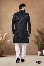 Thumbnail for Joban Fashion Men's Blue Straight Velvet Thread & Sequence Embroidery All Over Indo-Western Kurta Set - Distacart