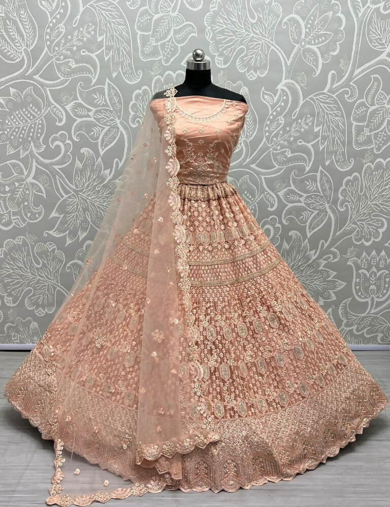 Jyoti Fashion Women's Peach Heavy Net Fancy Dori, Multi Thread, Rainbow Sequins and Diamond Work Wedding Lehenga Choli - Distacart