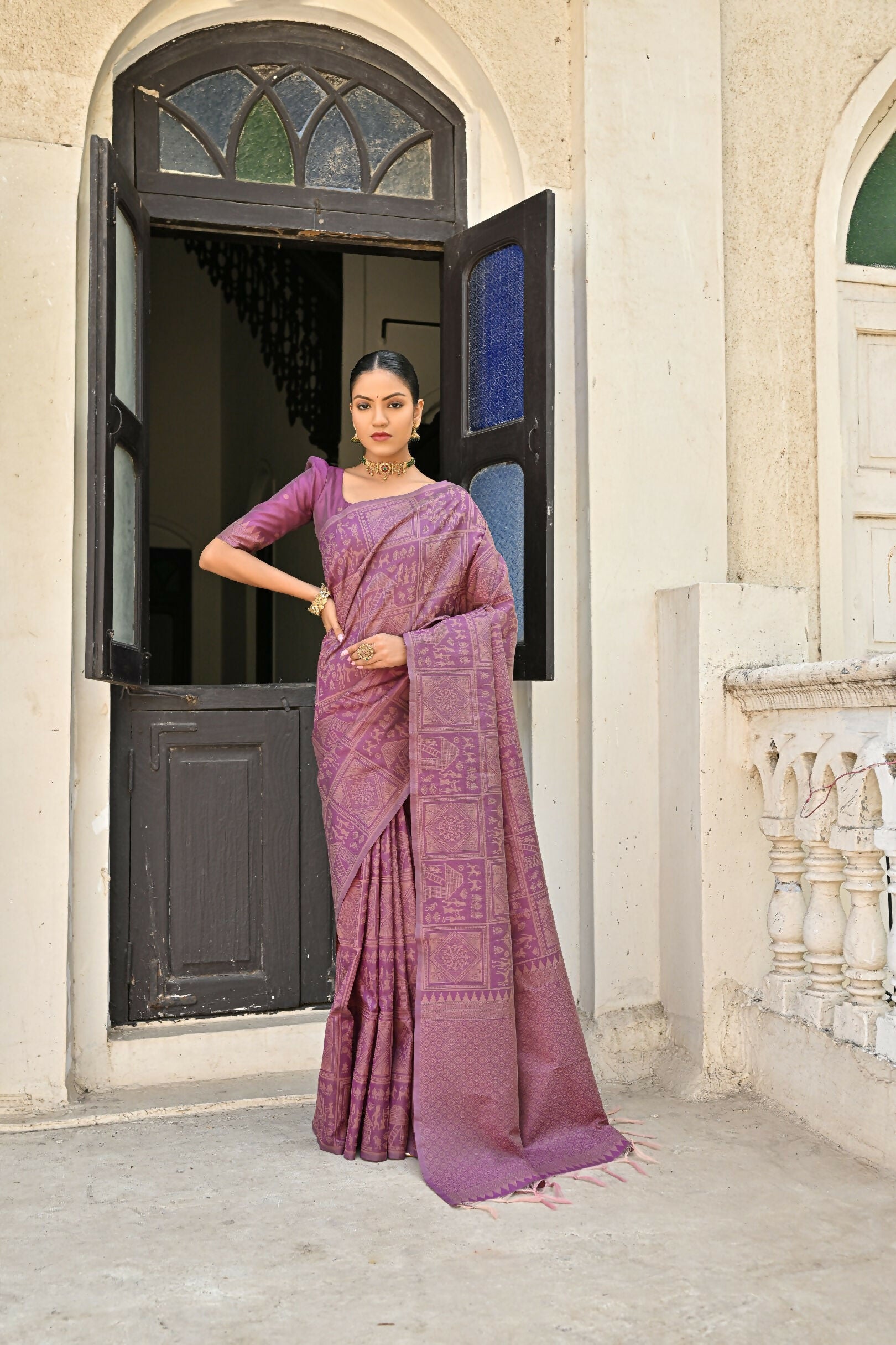Vishnu Weaves Women's Wine Handloom Raw Silk Saree with Blouse - Distacart