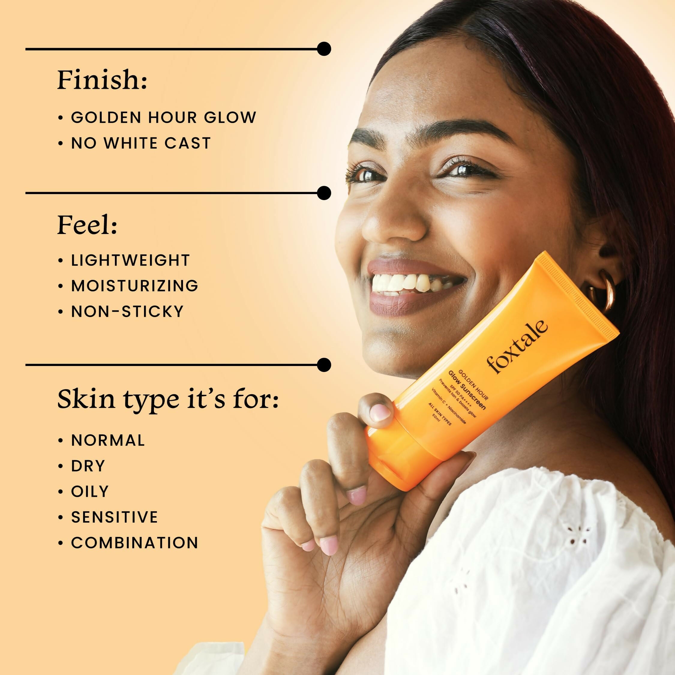 Foxtale Glow Sunscreen SPF 50 PA++++ Lightweight With Vitamin C And Niacinamide For a Dewy Glow, UVA And UVB Filters Prevents Tan - Distacart