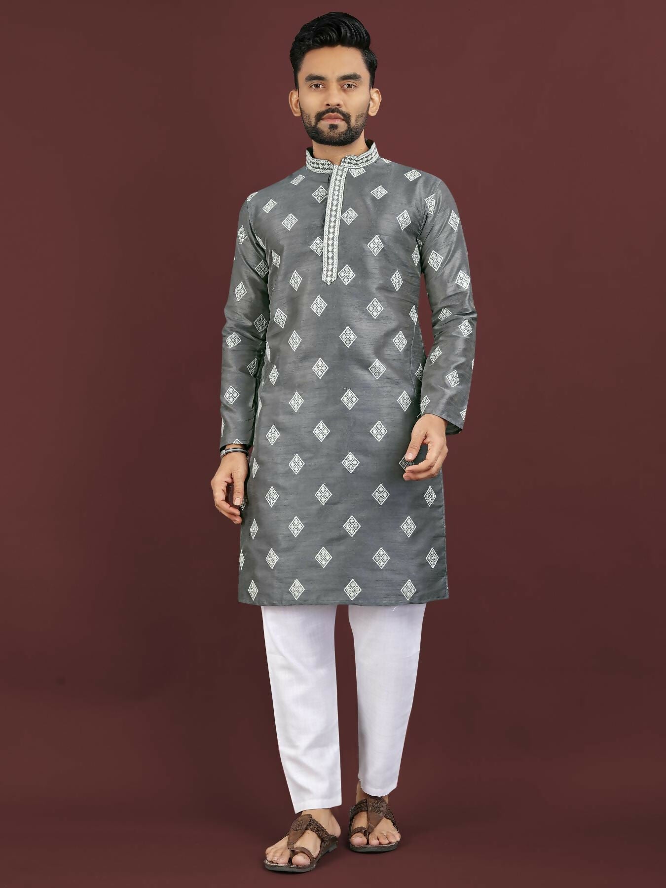 Anaita Grey Embroidered Silk Straight Kurta - Distacart