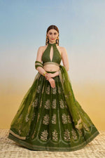 Thumbnail for Aastha Fashion Mehandi Green Butterfly Net Tone To Tone Cotton Thread Work And Sequence Work Embroidery Wedding Wear Lehenga Choli - Distacart
