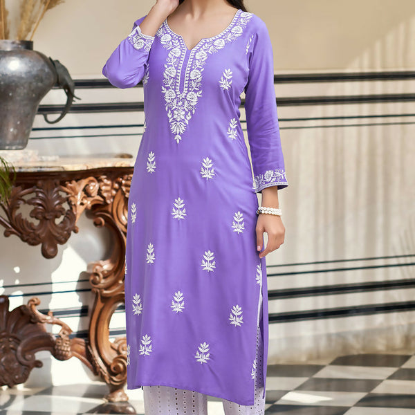 The52 Lavender Women's Gorgeous Chikankari work Pure Rayon Fabric Straight Kurta, Pant Set - Distacart