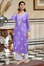 Thumbnail for The52 Lavender Women's Gorgeous Chikankari work Pure Rayon Fabric Straight Kurta, Pant Set - Distacart