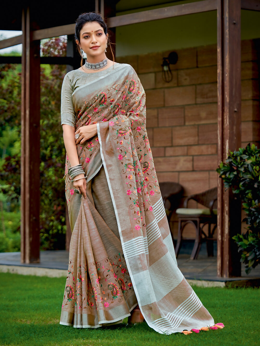 Astita Linen Brown Saree