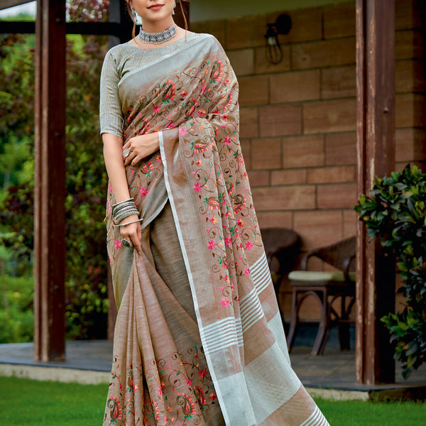 Astita Linen Brown Saree