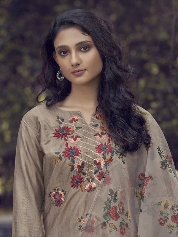 Indo Era Coffee Embroidered Straight Kurta Trouser With Dupatta Set - Distacart