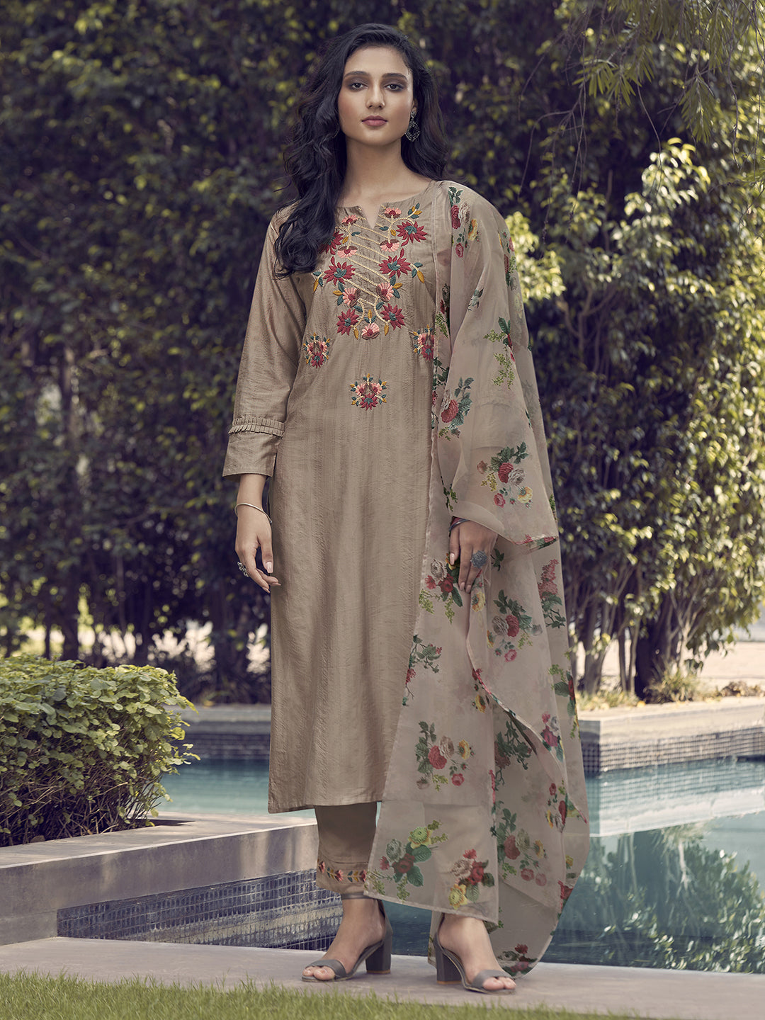 Indo Era Coffee Embroidered Straight Kurta Trouser With Dupatta Set - Distacart