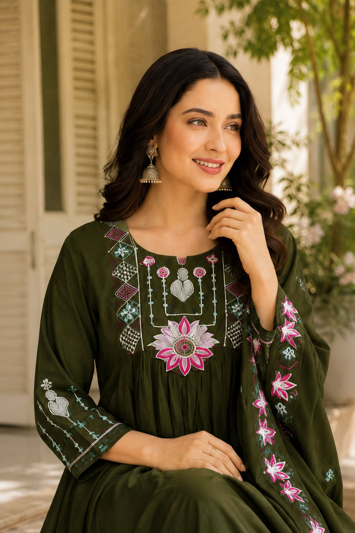 Surili Heay Roman Silk With Embroidery Work Embroidery Kurta Set - Mehndi Green
