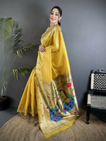 Thumbnail for Joban Fashion Yellow Peacock & Floral Motifs Tissue Paithani Saree - Distacart