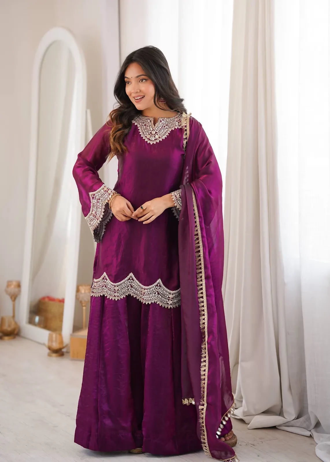 Teeya Creation Women Wine Purple Zari Embroidered Sharara Suit Set with Dupatta