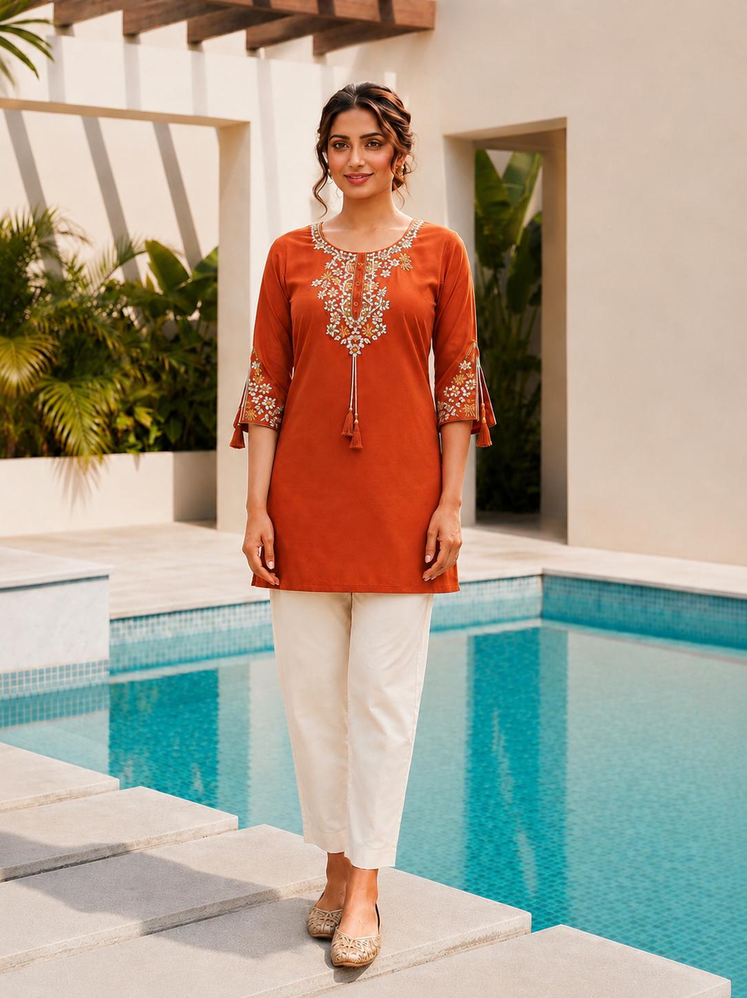 Surili Heavy Rayon With Embroidery Work Embroidery Tunic - Orange