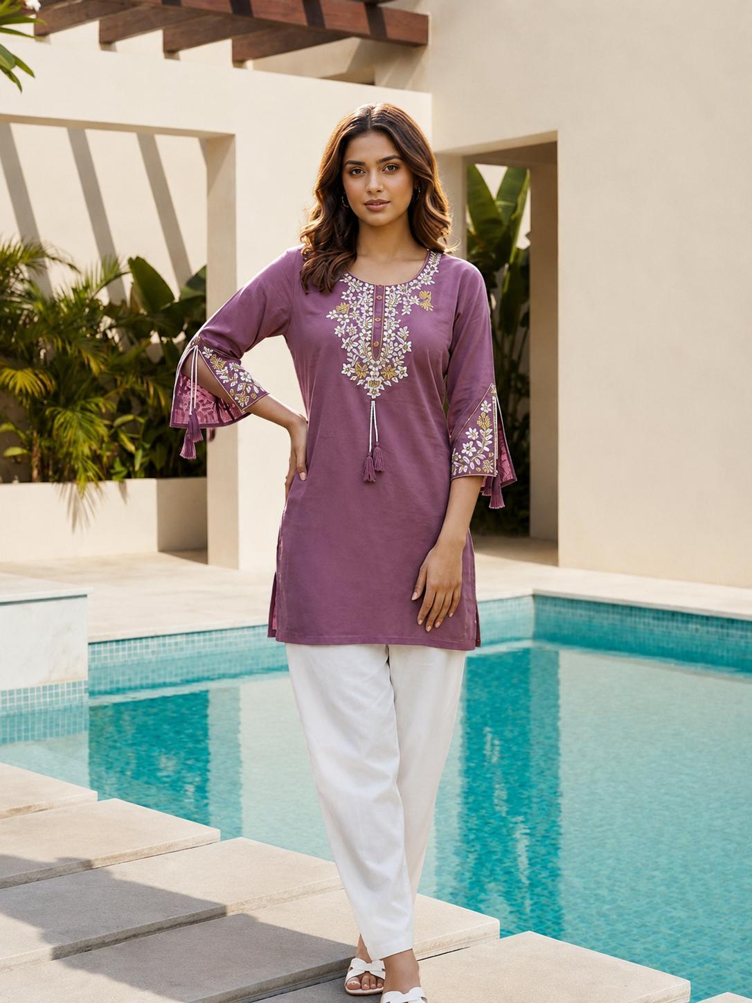 Surili Heavy Rayon With Embroidery Work Embroidery Tunic - Purple