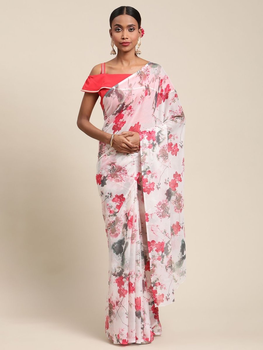 Ahalyaa Women's White Chiffon Digital Print Floral Saree - Distacart