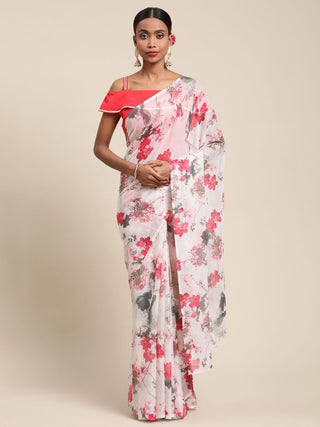 Ahalyaa Women's White Chiffon Digital Print Floral Saree - Distacart