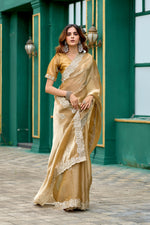 Thumbnail for Vastranavya Beige Embroidery Work Shimmer Chiffon Saree with Unstitched Blouse