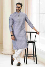 Thumbnail for Raivat Ethnic Cotton Thread Work Kurta Pajama In Grey Colour - Dista