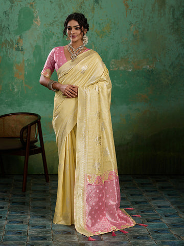 Shree Shyam Fashion Yellow Linen Cotton Saree - Dista