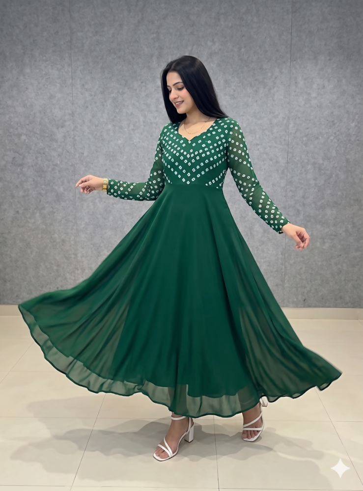 Teeya Creation Women's Green Bandhani Print Anarkali Gown - Dista