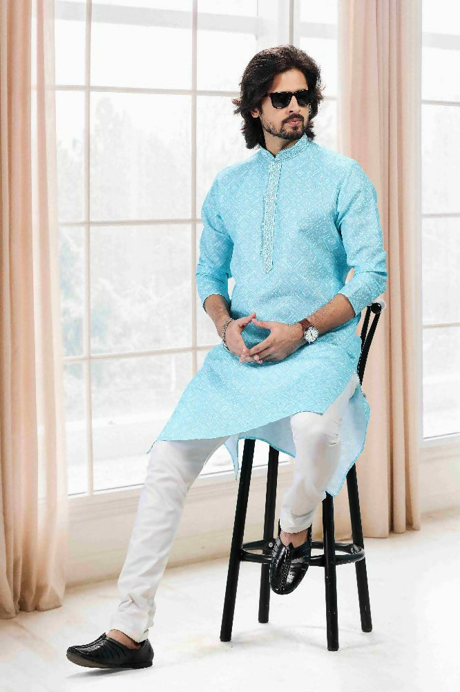 Raivat Ethnic Cotton Thread Work Kurta Pajama In Sky Blue Colour - Dista