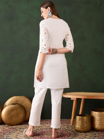 Thumbnail for Sangria White Floral Embroidered V-Neck Mirror Work Pure Cotton Kurta with Trousers