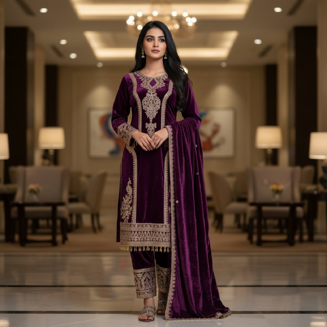 Joban Fashion Purple Velvet Embroidery Sequence Work Readymade Kurta Set - Distacart