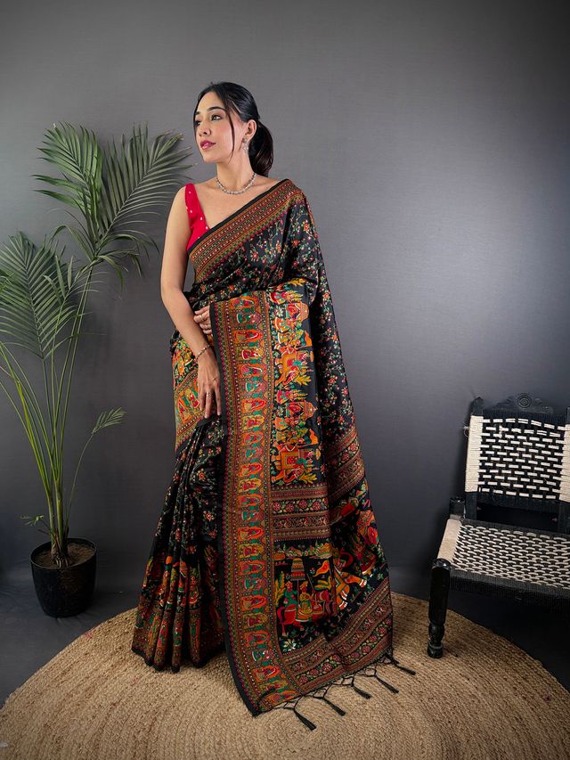 Elora Black Pashmina Silk Meenakari Weaving Madhubani Design Kashmiri Saree - Dista