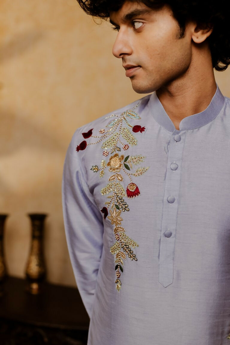Falling Raw Silk Power Blue Botanical Bloom Kurta Set By Hilo Design