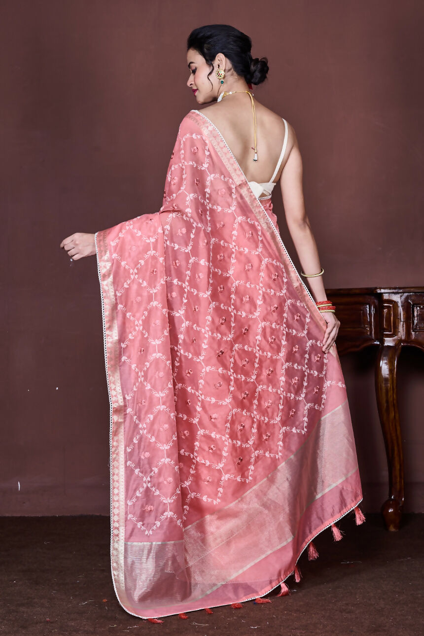 Morchari Peach Cotton Chanderi Embroidery Saree Unstitched Blouse