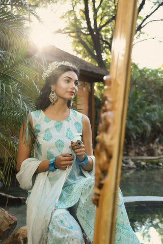 Juniper Blue Ethnic Motif Printed Georgette Kurta Sharara & Chiffon Dupatta Set - Distacart